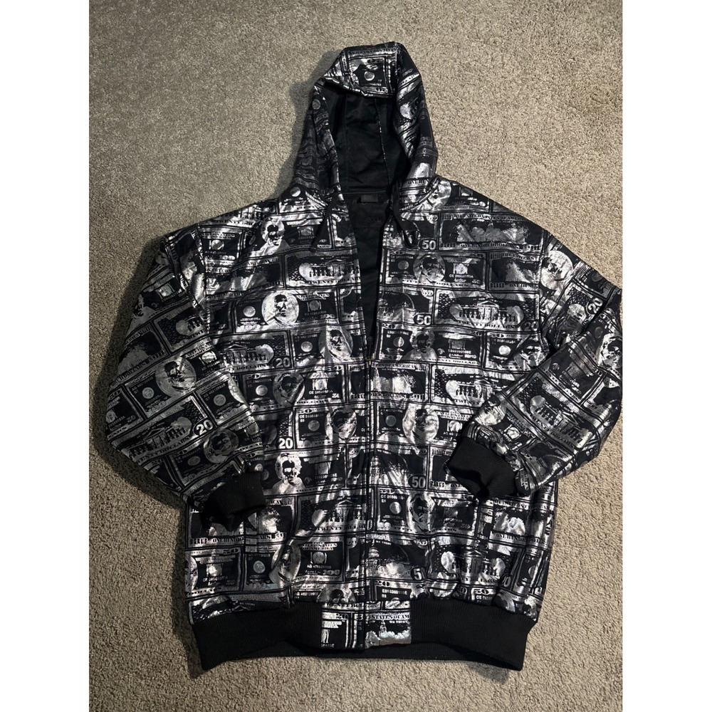PW Classic Mens 3XL Metallic Silver Money Print Full Zip Hoodie Black vintage